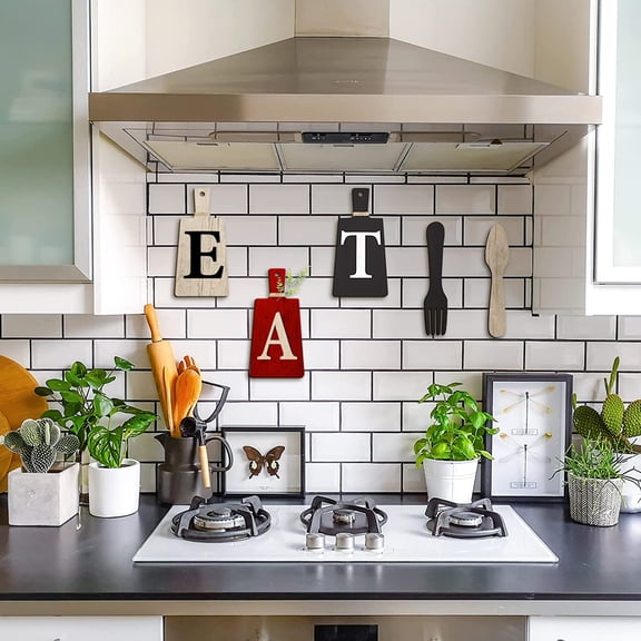 UYGDUY-Cutting Board Eat Sign Set Hanging Art Kitchen Eat Sign Farmhouse Fork and Spoon Wall Decor Rustic Primitive Country Kitchen Decor for Home over Cabinet Decoration(Red, Black, Beige)