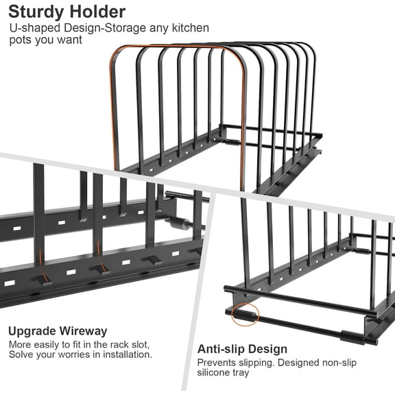 UYGDUY-Cutting Board Organizer Rack, 1-Pack Adjustable Bakeware Organizer Holder for Cabinet Countertop, 7 Slots Metal Rack Cookie Baking Sheet, Pot Pan Lids Divider Kitchen Organization Storage, Bla
