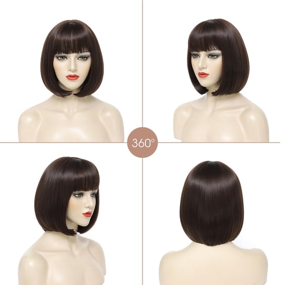 UYGDUY-Dark Brown Bob Wig with Bangs Short Brown Wigs for Women 12 Inch Straight Synthetic Fiber Hair Wig Natural Looking for Daily Use