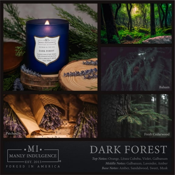 UYGDUY-Dark Forest Scented Jar Candle for Men, Wood Wicked Candle, 15 oz - Oak, Balsam, Fresh Cedarwood & Patchouli - Up to 60 Hours Burn, Soy Blend Wax, USA Poured, Navy Blue