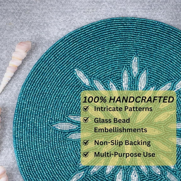 UYGDUY-Decorative Beaded Table Mat - 13 Round Charger Plate | Handmade Elegant Beaded Placematss & Polyester Backing | Home & Kitchen Decor Single Pack (Silver Teal) - ALPHA Living HOME
