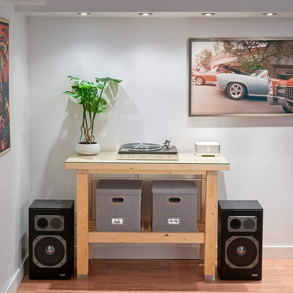 UYGDUY-Decorative Vinyl Record Storage Box for 50+ Single Records - Sturdy and Easy to Carry LP Holder with Lid - The Perfect Storage Crate for Your Valuable Album Collection