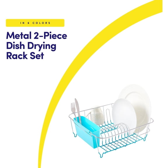 UYGDUY-Dish Drying Rack & Cutlery Holder 2 Piece Set - Compact Sink-Fitting Dish Drainer with Rubberized Undercoating, Space-Saving Kitchen Organizer for Plates, Cups, Bowls & Utensils in Sink, Turqu