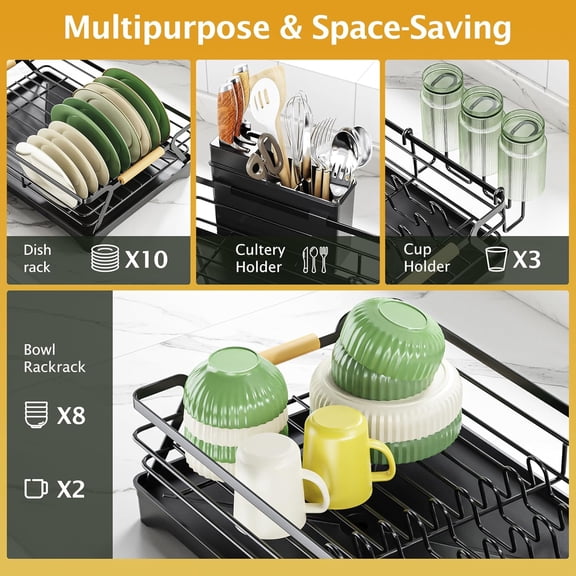 UYGDUY-Dish Drying Rack for Kitchen Counter - Large Capacity Dish Rack with Wooden Handle,Cup Holder & Knife Slots, Rustproof Dish Drainer with Auto-Drainage System, Kitchen Sink Organizer, Black