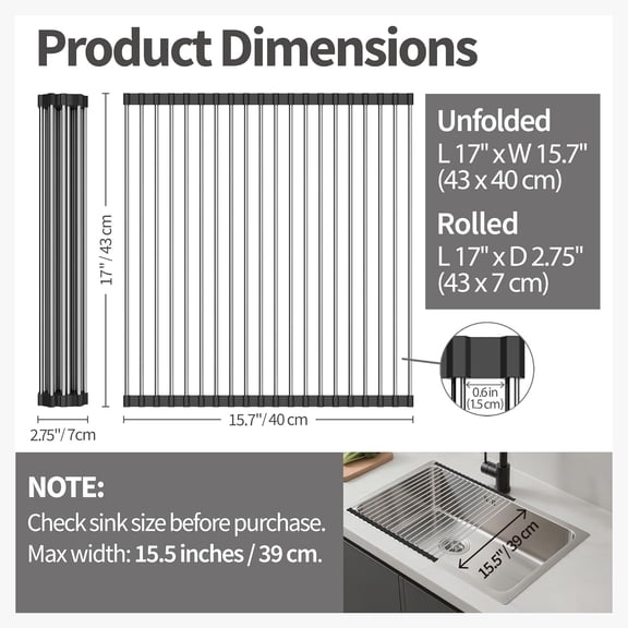 UYGDUY-Dish Drying Rack with Roll Up and Over Sink for Kitchen 17"X15.7" (Black)