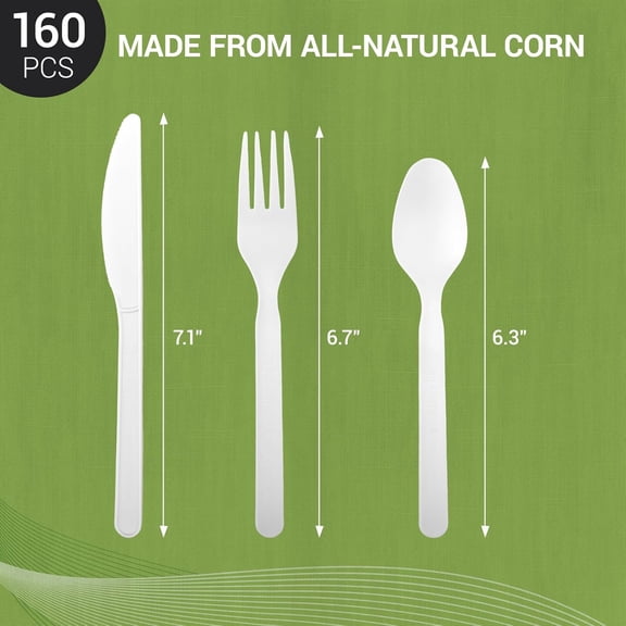 UYGDUY-Disposable Cutlery Set [160 Pcs] BPI Certified Utensils Set with 60 Compostable Forks, 50 CPLA Spoons and 50 Disposable Knives, Eco-Friendly Compostable Cutlery for Outdoor, Party, Camping & D