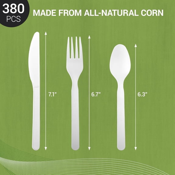 UYGDUY-Disposable Cutlery Set [380 Pcs] BPI Certified Utensils Set with 140 Compostable Forks, 120 CPLA Spoons and 120 Disposable Knives, Eco-Friendly Compostable Cutlery for Outdoor, Party, Camping