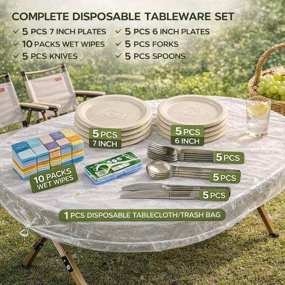 UYGDUY-Disposable Picnic Kit for 5  Lightweight Outdoor Dinnerware Set with Plates, Plastic Cutlery, Wet Wipes & Drawstring Table Cover, Portable Picnic Supplies for Park, Beach & Camping (5)