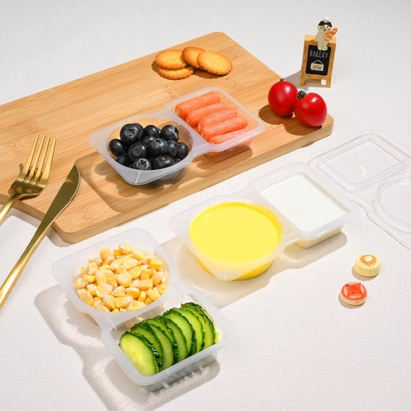UYGDUY-Double Compartment Snack Containers with Lids, 2 Compartment Condiment Container, Plastic Disposable Snack Pack Containers for Sauce, Salad, Food Storage Box(30PCS-Clear)