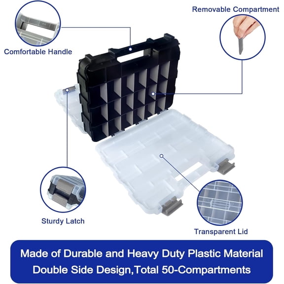 UYGDUY-Double Side Tool Box Organizer, Hardware Storage Box, Portable Small Parts Organizer with Removable Plastic Dividers for Screws, Nuts, Nails, Bolts, Grey