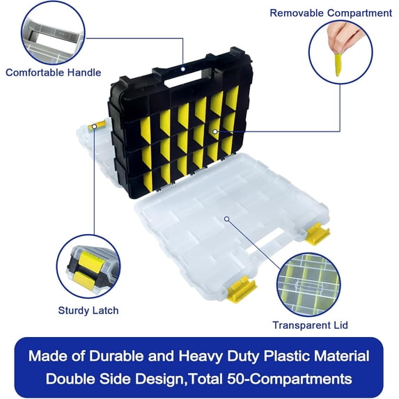 UYGDUY-Double Side Tool Box Organizer, Hardware Storage Box, Portable Small Parts Organizer with Removable Plastic Dividers for Screws, Nuts, Nails, Bolts, Yellow