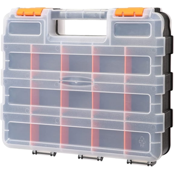 UYGDUY-Double Side Tools Organizer, Customizable Removable Plastic Dividers, Hardware Box Storage, Excellent for Screws,Nuts,Small Parts, 34-Compartment, Black/Orange,12.6"L x 10.6"W x 3.2"H