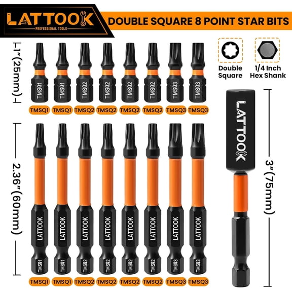 UYGDUY-Double Square 8 Point Star Bit Set, 17PCS 8 Point Torx Bits 2 Square Drive Bits, Magnetic S2 Steel Torx Bit Set, 2.3'' & 1'' Long, #1, #2, #3