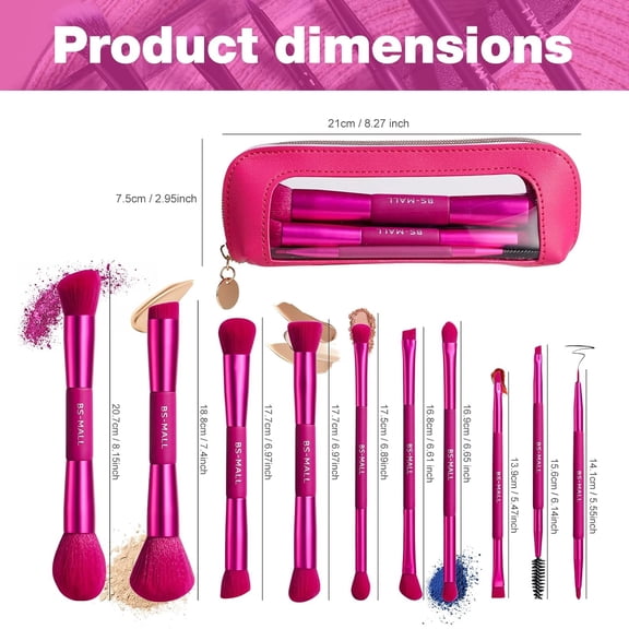 UYGDUY-Double-ended Makeup Brush Set With Concealer Brush & Foundation Brush, Eyeshadow Brush- Travel-friendly Multi-purpose Brushes In Makeup Bag For Daily Use (10 PCS Hot Pink)