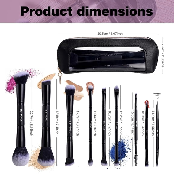 UYGDUY-Double-ended Makeup Brush Set With Concealer Brush & Foundation Brush, Eyeshadow Brush- Travel-friendly Multi-purpose Brushes In Makeup Bag For Daily Use (9 PCS Black)