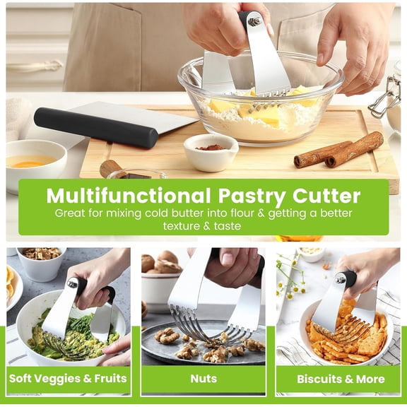 UYGDUY-Dough Blender & Pastry Cutter Tool, Stainless Steel Pastry Blender & Bench Scraper for Pizza, Nut, Pie - Multipurpose Dough Cutter & Scraper Tool for Baking with Soft Grip Handles - Black