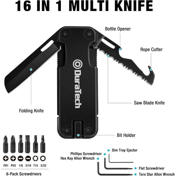 UYGDUY-DuraTech 16-in-1 Multitool Knife, Gift for Men, Compact EDC Pocket Tool with Blade, Magnetic Bit Holder, 6 S2 Screwdriver Bits, Bottle Opener & Rope Cutter  Ideal for Camping, Hiking, Surviva
