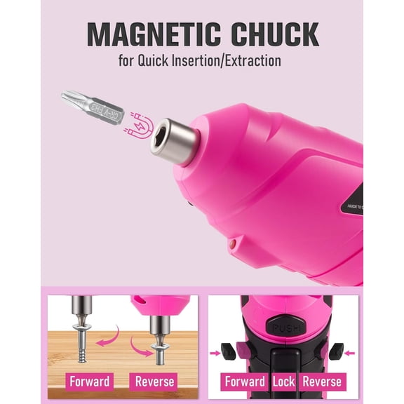UYGDUY-Durofort Pink Cordless Electric Screwdriver Set, 3.7V Rechargeable Small Electric Drill with 25pcs Driver Bit Set, Power 3Nm Screw Gun with 2 Position Handle, Flexible Shaft LED Light for Wome