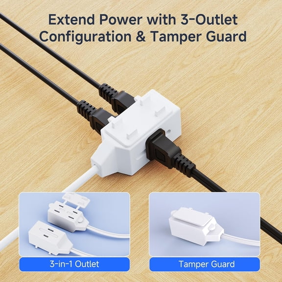 UYGDUY-[ETL Listed] 16 AWG 2 Prong Extra Long Extension Cord 25 ft, 13A 3-Outlet Extension Cords with Tamper Guard, 13 Amp, 1625 Watts, White