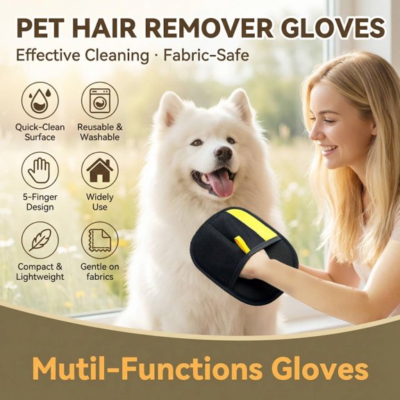 UYGDUY-Electrostatic Pet Hair Removal Gloves for Cats & DogsUpgraded Reusable Magic Brush Tool for Quick Wiping on Couch,Carpet,Laundry,Car Seat & Pet Beds(2PC,Yellow)
