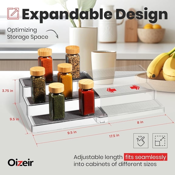 UYGDUY-Expandable Spice Organizer Rack - 3-Tier - Clear Adjustable Tiered Shelf Spices Organization for Kitchen Cabinet and Pantry Storage