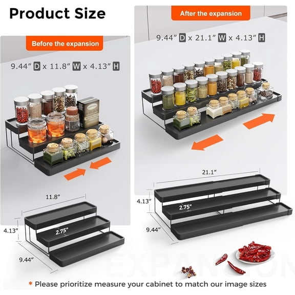 UYGDUY-Expandable Spice Rack Organizer - 3 Tier Adjustable Spice Organizer for Cabinet & Countertop - Easy Visibility - Black