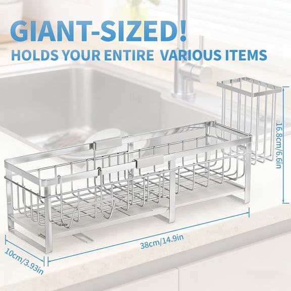 UYGDUY-Extra Large Extendable Sponge Holder for Kitchen Sink, Rustproof Sink Caddy Organizer with High Brush Holder, Dish Soap Dispenser Organizers and Storage (Stainless Steel)