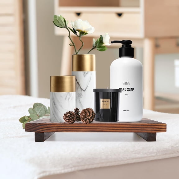 UYGDUY-Farmhouse Bathroom Counter Tray Wood Display Pedesta Stand Kitchen Countertop Trays Decorative Wooden Riser Dish Soap Dispenser Holder for Bathroom Sink Accessories Kitchen Decor Vanity Tray