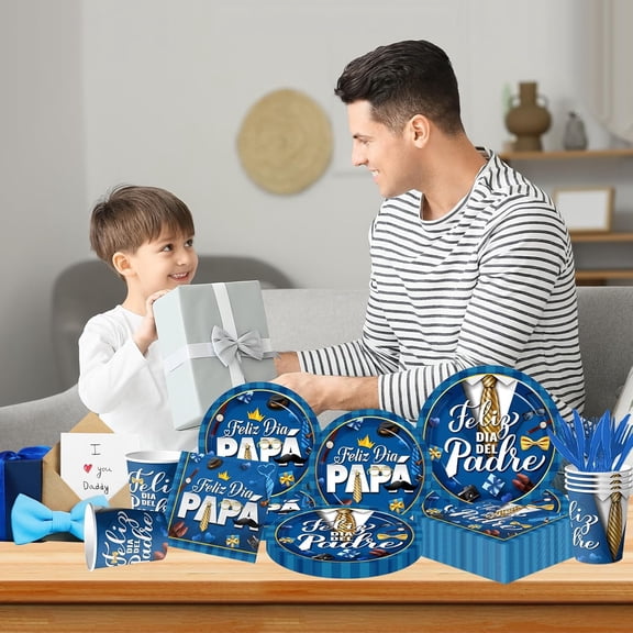 UYGDUY-Fathers Day Plates and NapkinsFeliz Dia Del Padre Decoracion Tableware - 144pcs Spanish Father's Day Decorations Plates and Napkins,Cup, Forks Knives,Feliz Da Del Padre Decoracion,Serve 24