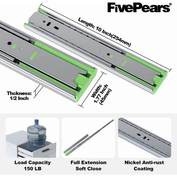 UYGDUY-FivePears 1 Pairs 10 Inch Heavy Duty Soft Close Drawer Slides, 150 Lb Load Capacity Full Extension Ball Bearing Side Mount Drawer Runner, Rv Tool Box Kitchen Cabinet Drawer Self Closing Glide