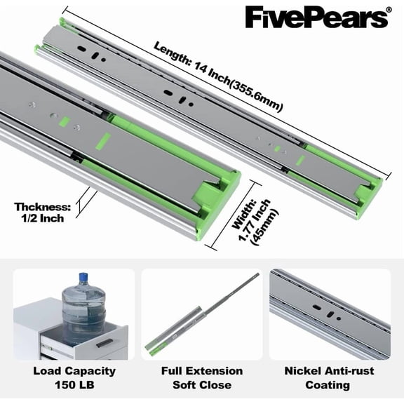 UYGDUY-FivePears 1 Pairs 14 Inch Heavy Duty Soft Close Drawer Slides, 150 Lb Load Capacity Full Extension Ball Bearing Side Mount Drawer Runner, Rv Tool Box Kitchen Cabinet Drawer Self Closing Glide