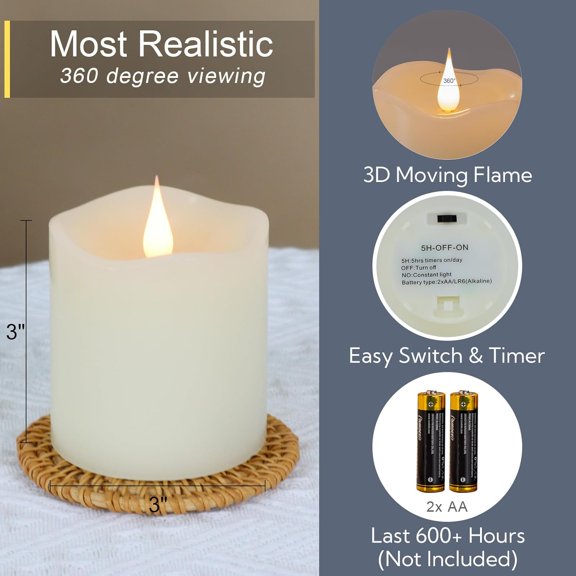 UYGDUY-Flameless Candles Battery Operated with Timer, 3D Moving Flame Flickering, Last 600+ Hours Battery Candles, 3" x 3" Ivory Real Wax Electric LED Candle for Wedding Party Decorations