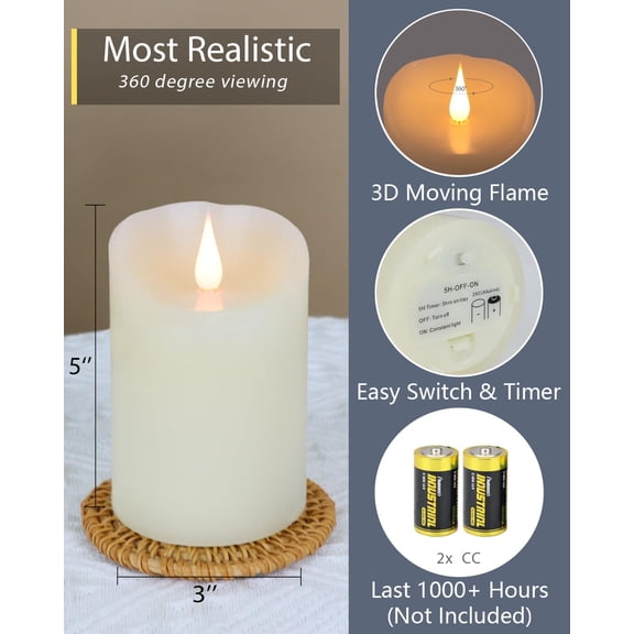 UYGDUY-Flameless Candles Flickering 3D Moving Flame, Last 1000+ Hours Battery Operated Candles with Timer, Ivory Real Wax Electric LED Pillar Candles for Home Wedding Decoration | 3" x 5"