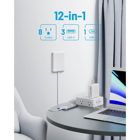 UYGDUY-Flat Extension Cord with Outlet Cover, Olcorife Flat Plug Power Strip with 8 Outlets and 4 USB Ports, 2000 Joules Surge Protector, 5 FT Cord Hidden Outlet Extender for Tight Spaces