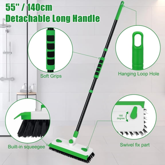 UYGDUY-Floor Scrub Brush with Long Handle, 3-in-1 Scrape Scrubber Brush with Squeegee Stiff Bristle Deck Brush for Cleaning Tile Bathroom Patio Deck Garage Grout Kitchen