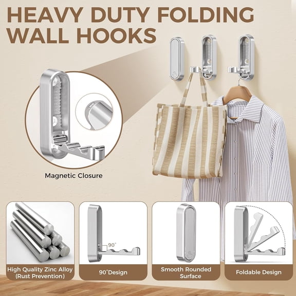 UYGDUY-Folding Coat Hooks, Heavy Duty Zinc Alloy Wall Hooks for Hanging Clothes, Bags, Hats, Keys - Adhesive & Screw Mounting for Bathroom, Kitchen, Entryway, Closet (2-Pack, Silver)
