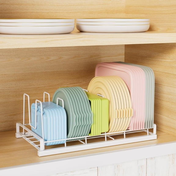 UYGDUY-Food Container Lid Organizer, Adjustable 6 Dividers Full-Metal Pot and Pan Organizer Rack for Kitchen Cabinets, Drawers, Cupboards, Pantry Shelves Storage, White