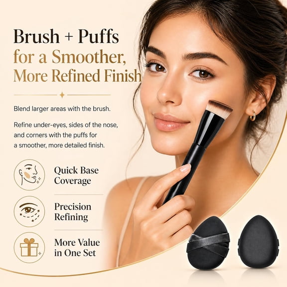 UYGDUY-Foundation Brush and 2 Makeup Puffs Set for Liquid Foundation, Angled Flat Top Makeup Brush with Detail Refining Puffs, Dense Synthetic Bristles for Smooth Even Coverage, Cream Powder Base Mak