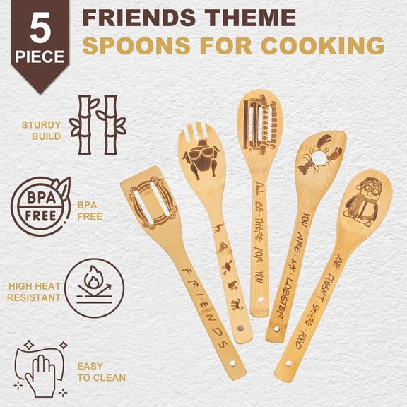 UYGDUY-Friends Wooden Spoons for Cooking, 6 Piece Kitchen Utensils Set with Holder, Gifts for Fans, TV Show Merchandise, Non-Stick, Housewarming Birthday Present for Friend/Mom/Women