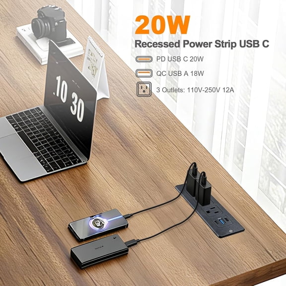 UYGDUY-Furniture Recessed Power Strip with USB C 20W & USB A 18W,3 Outlets 3 USB Ports(2 USB C+1 USB A),Flush Mountable Electrical Outlet for Desk Cabinet Nightstand Counter, 6.56ft Flat Plug Cord (B