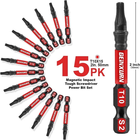 UYGDUY-Geinxurn 15 Pieces T10 Impact Tough Magnetic Screwdriver Bit Set, 2 In. #10 Torx Head Power Bit Set, S2 Alloy Steel T10 Star Bit Set