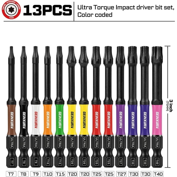 UYGDUY-Geinxurn 3Impact Torx Screwdriver Bits Set,13Pcs Magnetic S2 Steel Long Extension Star Driver Bits Set (T7-T40) with Color Coded Base
