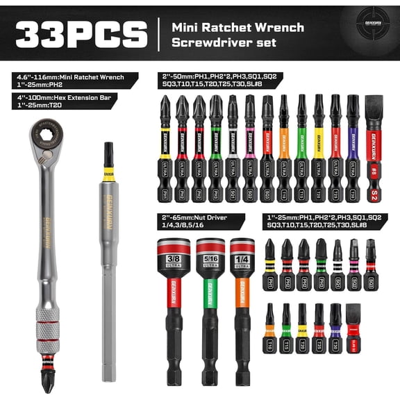 UYGDUY-Geinxurn 33Pcs T-Handle Ratchet Wrench Set,72-Tooth 1/4" Reversible Ratchet with Nut Driver, Extension Bar, and 1Impact Magnetic (Phillips/Torx/Slotted) Screwdriver Bit in Coded Base for Repa