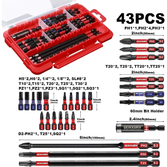 UYGDUY-Geinxurn 43pieces Screwdriver Bits Set, Impact Magnetic S2 Steel Multi Insert Power Bits Tips with Impact Bit Holder and Two Storage BoxPH/TORX/SQ/PZ/HEX/SL