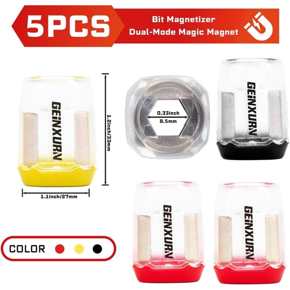UYGDUY-Geinxurn 5Pieces Magnetic Screw Holder Rings Set, Removable Magnetizer Rings for 1/4" Hex Bits, Compatible with Screwdrivers, Power Drills and Hex Wrenches (Yellow, Red, Black)