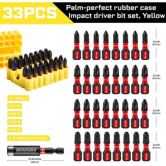 UYGDUY-Geinxurn Impact Phillips Screwdriver Bits Set, 33 Pieces 1Magnetic(PH1/PH2/PH3) S2 Steel Multi Cross Driver Bits and 1 Pc Bit Holder with Yellow Soft Base