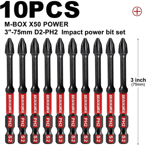 UYGDUY-Geinxurn Impact Tough 3 in. #2 Phillips Screwdriver Bits Set,10 Pack Magnetic D2 Steel Long Cross PH2 Power Driver Bits with Storage M-Box