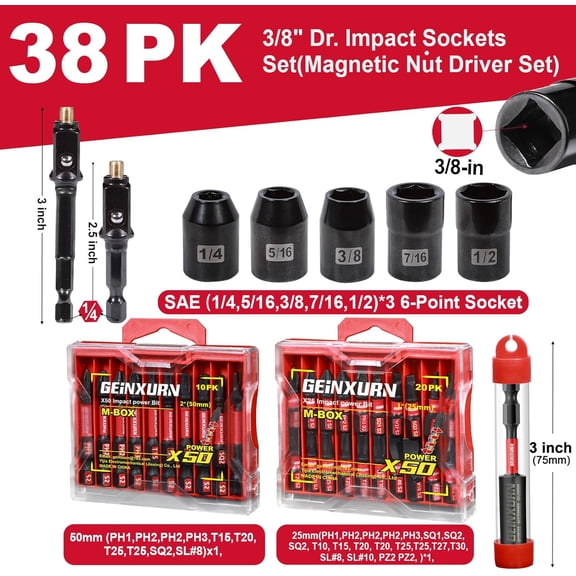 UYGDUY-Geinxurn Magnetic Nut Driver Set, 38 Pieces Impact S2 Steel Driver Bit Set, 3/8" Drive Socket Set(6 Point), Magnetic Socket Drive Adapter, Multi-Screwdriver Bit Set with Bit Holder