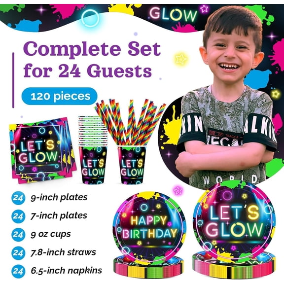 UYGDUY-Glow Neon Birthday Party Supplies, 120Pcs Let's Glow Birthday Party Decorations Disposable and Radiant Tableware Includes Plates, Napkins, Cups and Straws | Serves 24