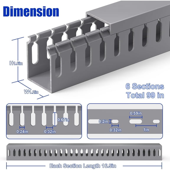 UYGDUY-H1.6in W1.2in Professional Server Rack Cable Management Raceway, 99in (6X L16.5in) Cable Raceway Kit, Electrically Safe PVC Open Slot Wire Raceway for Under Desk/Computer/Network Cords, Grey